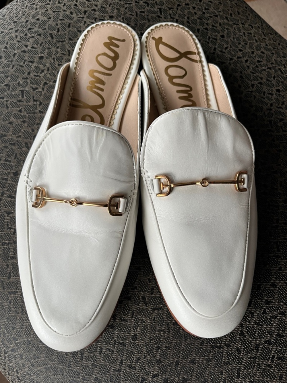 Sam Edelman White Leather Slip-On Mules with Gold Horsebit